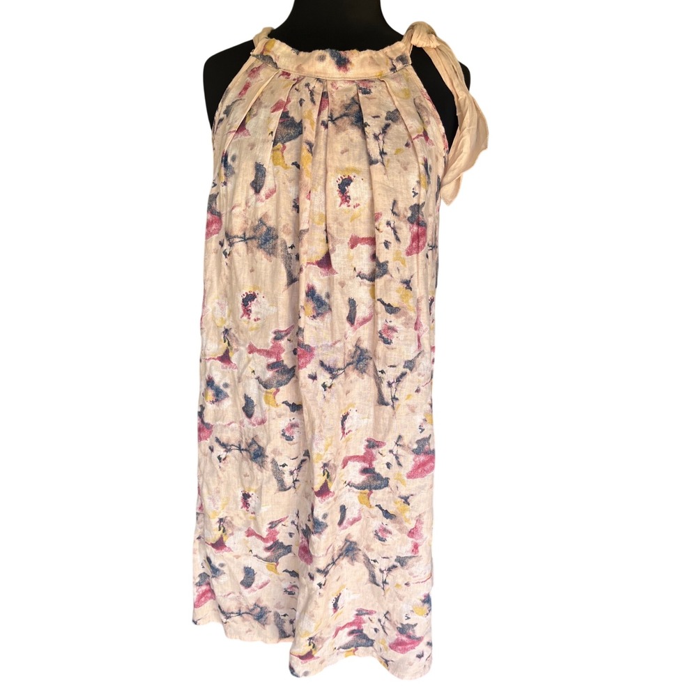 Bellambra Italy Linen Abstract Floral Halter Dress Pink Yellow Blue Medium